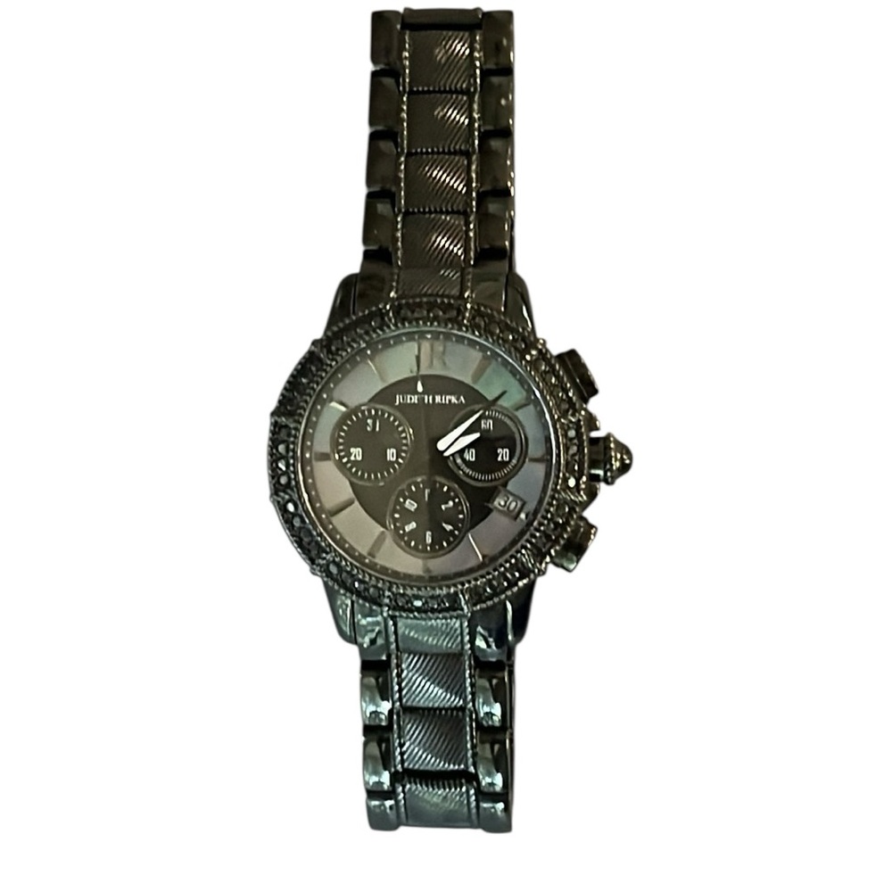 New Judith Ripka Stainless Steel Black Gray Chronograph Watch New Battery NWOT - Picture 3 of 12